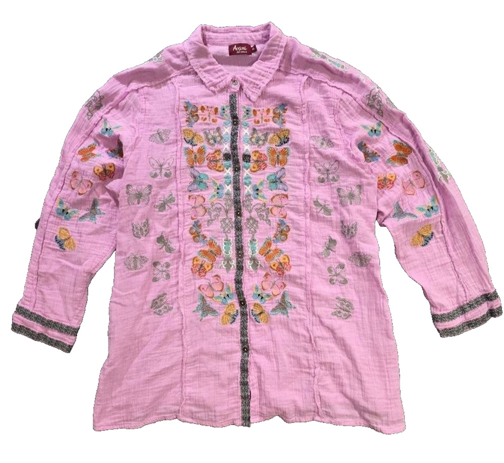 Avani Del Amour blouse Embroidered Top XL Southwest Cotton 3/4 Sleeve A010209
